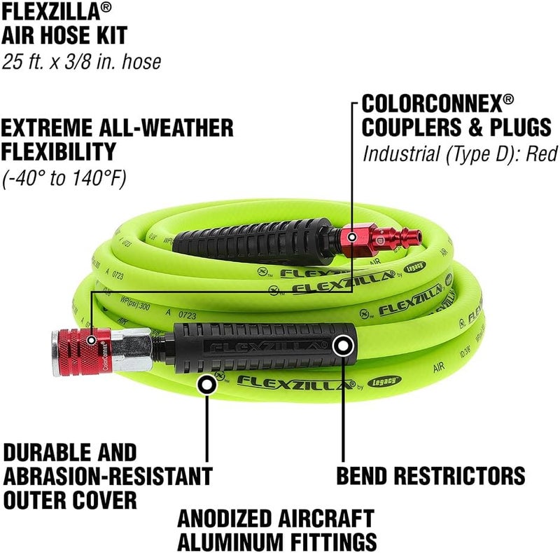 Flexzilla Air Hose with ColorConnex Industrial Type D Coupler and Plug, 3/8 in. x 25 ft., Heavy Duty, Lightweight, Hybrid, ZillaGreen - Image 3