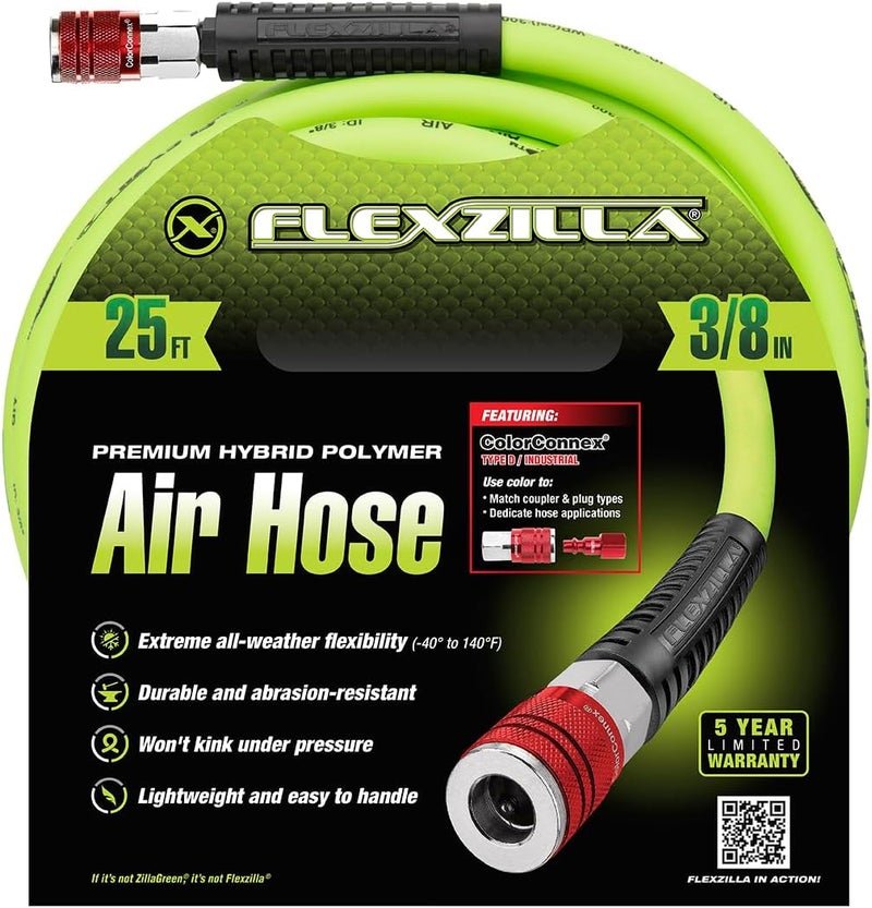 Flexzilla Air Hose with ColorConnex Industrial Type D Coupler and Plug, 3/8 in. x 25 ft., Heavy Duty, Lightweight, Hybrid, ZillaGreen - Image 2