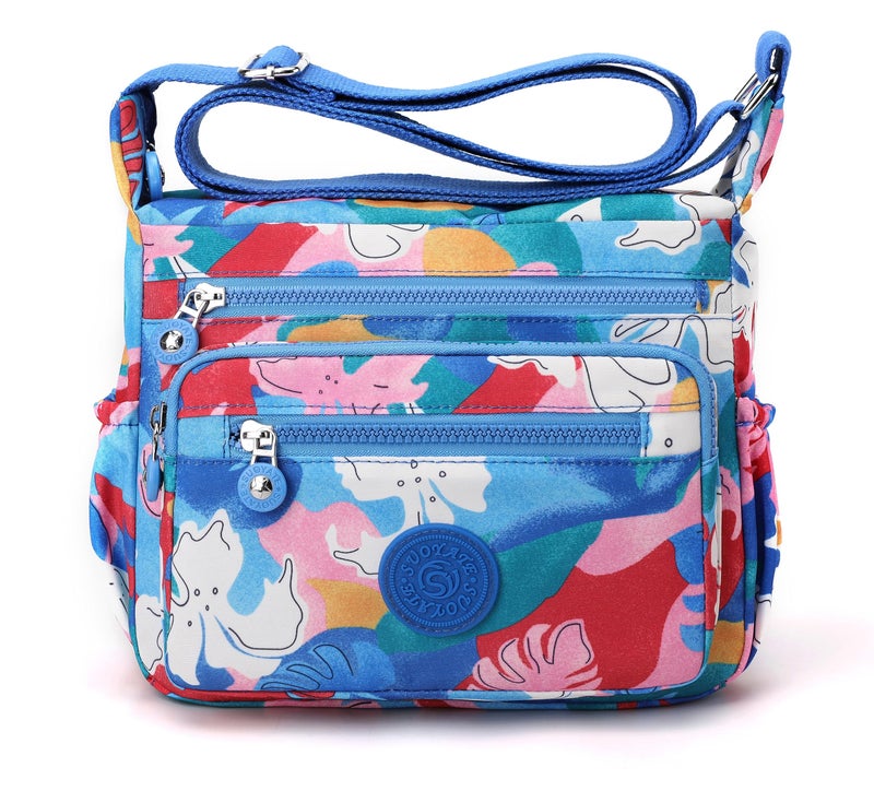Pealwel Women Shoulder Handbag Roomy Multiple Pockets Bag Ladies Crossbody Purse Tote Top Handle Satchel(Blue-Floral) - Image 1