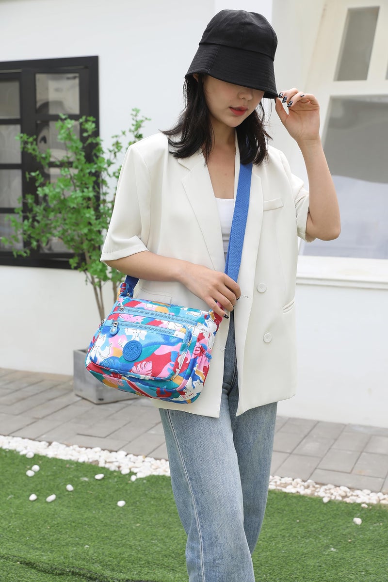 Pealwel Women Shoulder Handbag Roomy Multiple Pockets Bag Ladies Crossbody Purse Tote Top Handle Satchel(Blue-Floral) - Image 4