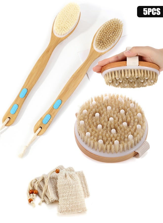 5PCS Long Handle Dual Side Dry and Bath Body Brush,Soap Saver Bag Pouch Mesh Net,Long Handle Dual-Sided Shower Brush Body Exfoliator, Natural Exfoliating Brush for Skin Renewal, Lymphatic Support and Circulation Boost - Image 1