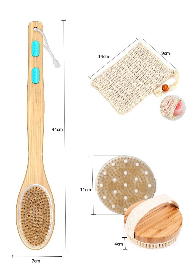 5PCS Long Handle Dual Side Dry and Bath Body Brush,Soap Saver Bag Pouch Mesh Net,Long Handle Dual-Sided Shower Brush Body Exfoliator, Natural Exfoliating Brush for Skin Renewal, Lymphatic Support and Circulation Boost - Image 2