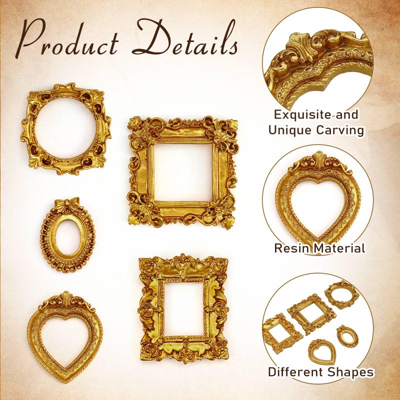 VICROIC 15 PCS Mini Vintage Frames, Tiny Resin Antique Frames, Small Gold picture photo frame for DIY Wall Hanging Jewelry Display Photography Party Hotel Home Decoration (mini frameB) - Image 3
