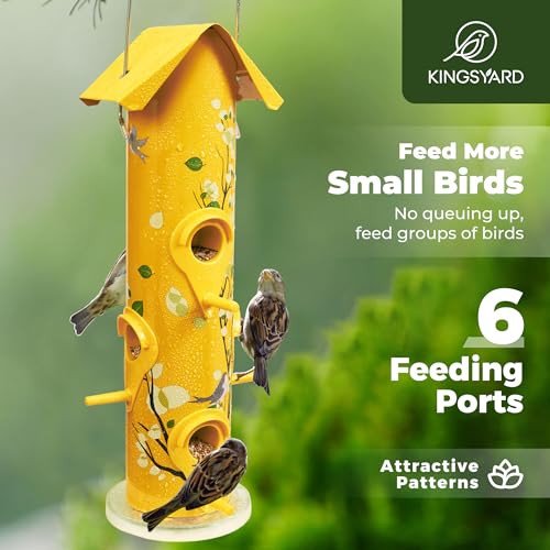 Kingsyard Metal Bird Feeders for Outdoors Hanging, 6-Ports Tube Bird Feeder, 14 inch, Durable & Weatherproof, Large Capacity for Attracting Wild Birds (Yellow) - Image 2