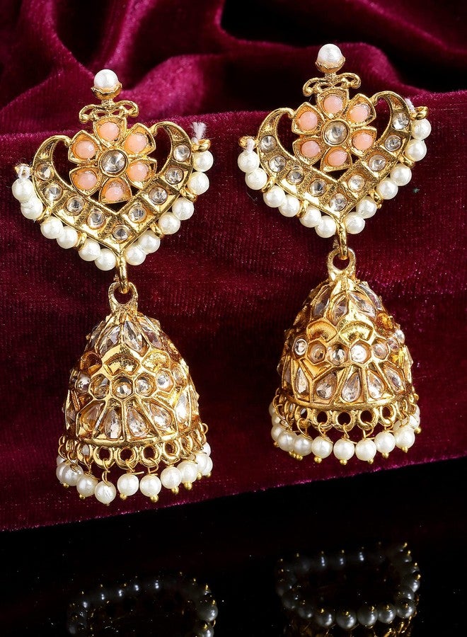 Karatcart Gold Plated Floral Design Peach Kundan Studded Jhumki Earrings for Women - Image 4