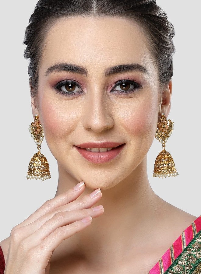Karatcart Gold Plated Floral Design Peach Kundan Studded Jhumki Earrings for Women - Image 3