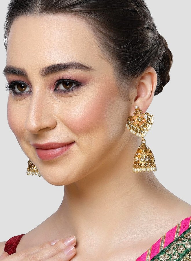 Karatcart Gold Plated Floral Design Peach Kundan Studded Jhumki Earrings for Women - Image 2