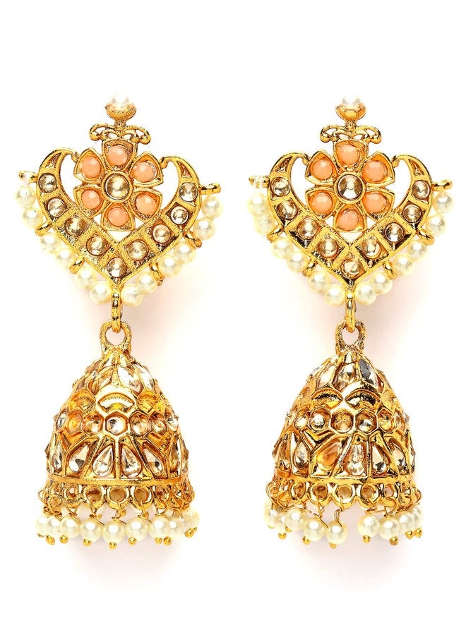 Karatcart Gold Plated Floral Design Peach Kundan Studded Jhumki Earrings for Women - Image 1