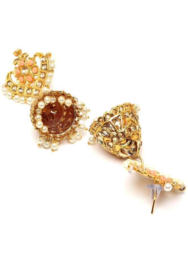 Karatcart Gold Plated Floral Design Peach Kundan Studded Jhumki Earrings for Women - Image 5