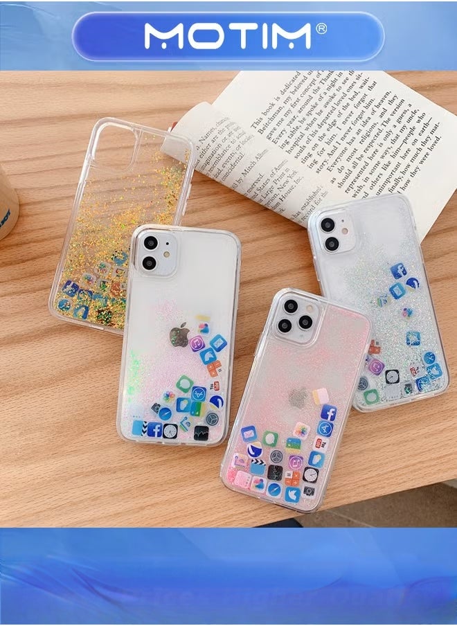 Liquid Plain and Glitter Case for iPhone 14 Plus with Cute Bling Sparkle, Hard Back Colorful Bling Quicksand with iOS Icon Soft Rubber TPU Bumper Protective Case Cover