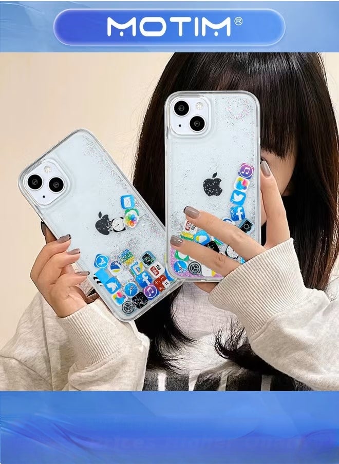 Liquid Plain and Glitter Case for iPhone 14 Plus with Cute Bling Sparkle, Hard Back Colorful Bling Quicksand with iOS Icon Soft Rubber TPU Bumper Protective Case Cover
