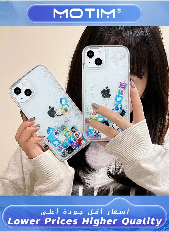 Motim - Liquid Plain and Glitter Case for iPhone 14 Plus with Cute Bling Sparkle, Hard Back Colorful Bling Quicksand with iOS Icon Soft Rubber TPU Bumper Protective Case Cover - Image 1