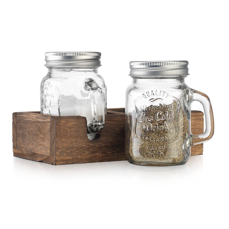 MosJos Mason Jar Salt and Pepper Shakers - Vintage Glass Condiment Dispenser Set with Wooden Holder Caddy - Farmhouse Kitchen Decor, Easy Refill 5-ounce Capacity with Stainless Steel Lids - Image 1