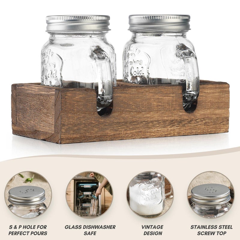 MosJos Mason Jar Salt and Pepper Shakers - Vintage Glass Condiment Dispenser Set with Wooden Holder Caddy - Farmhouse Kitchen Decor, Easy Refill 5-ounce Capacity with Stainless Steel Lids - Image 4