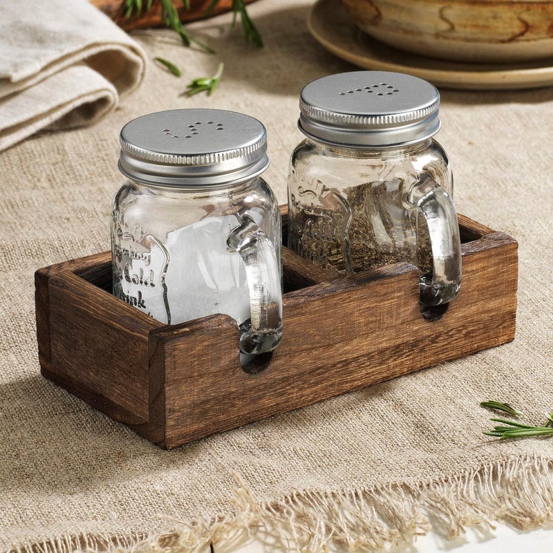 MosJos Mason Jar Salt and Pepper Shakers - Vintage Glass Condiment Dispenser Set with Wooden Holder Caddy - Farmhouse Kitchen Decor, Easy Refill 5-ounce Capacity with Stainless Steel Lids - Image 3