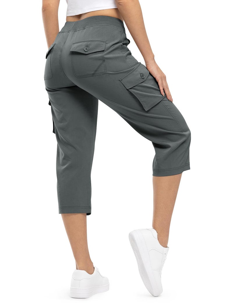 TBMPOY Womens Cargo Capris Hiking Lightweight Pants 6 Pockets Quick Dry Casual Outdoor Trip Loose Shorts Cropped Cotton Dark Grey XXL - Image 2