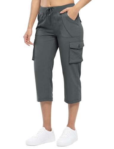 TBMPOY Womens Cargo Capris Hiking Lightweight Pants 6 Pockets Quick Dry Casual Outdoor Trip Loose Shorts Cropped Cotton Dark Grey XXL - Image 3