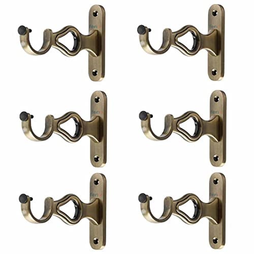 Ferio Zinc Curtin Brackets/Holders for Door and Window 1 Inch Rod Size Brass Antique Set of 3 (Pack of 6) for Home Decor - Image 1