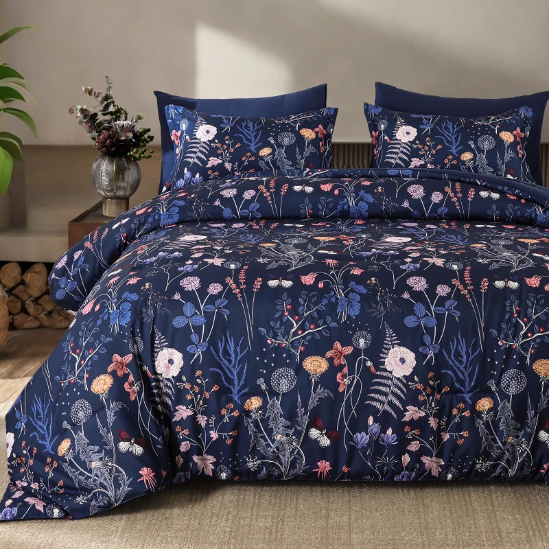 Yiran Blue Floral Comforter Set King Size, 7 Piece Navy Comforter Bedding Set, Farmhouse Bed in a Bag, Soft Microfiber Complete Bedding Set with Sheets for All Season - Image 1