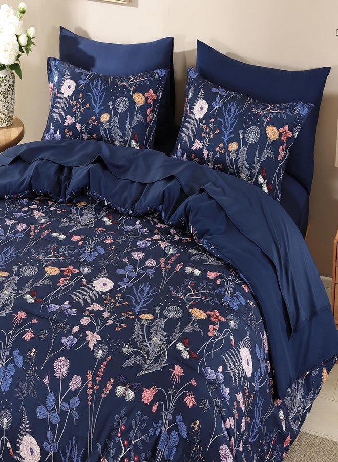 Yiran Blue Floral Comforter Set King Size, 7 Piece Navy Comforter Bedding Set, Farmhouse Bed in a Bag, Soft Microfiber Complete Bedding Set with Sheets for All Season - Image 5