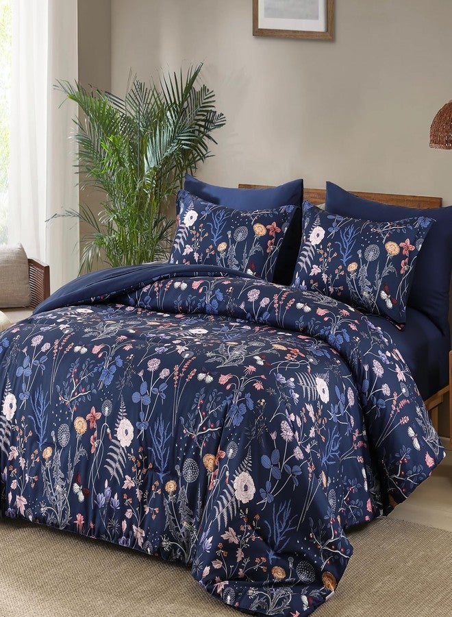 Yiran Blue Floral Comforter Set King Size, 7 Piece Navy Comforter Bedding Set, Farmhouse Bed in a Bag, Soft Microfiber Complete Bedding Set with Sheets for All Season - Image 2