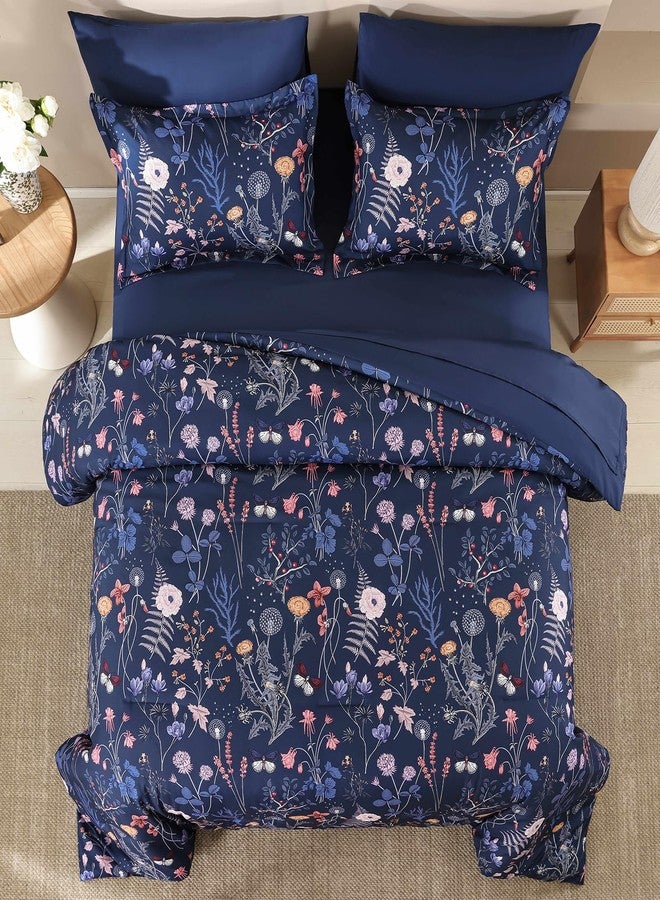 Yiran Blue Floral Comforter Set King Size, 7 Piece Navy Comforter Bedding Set, Farmhouse Bed in a Bag, Soft Microfiber Complete Bedding Set with Sheets for All Season - Image 3