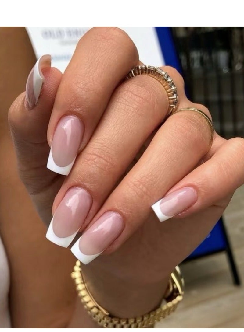 جوسكوين أظافر لاصقة جاهزة، 24 قطعة، أظافر مربعة بأسلوب فرنسي بسيط بلون نيود، مع تصميم حافة بيضاء على طراز INS، فنية أظافر أنيقة وسهلة التطبيق، مثالية للصيف، العمل، والمناسبات اليومية، مع رؤوس أظافر صناعية قابلة لإعادة الاستخدام، أظافر أكريليك مع مجموعة غراء. - Image 1