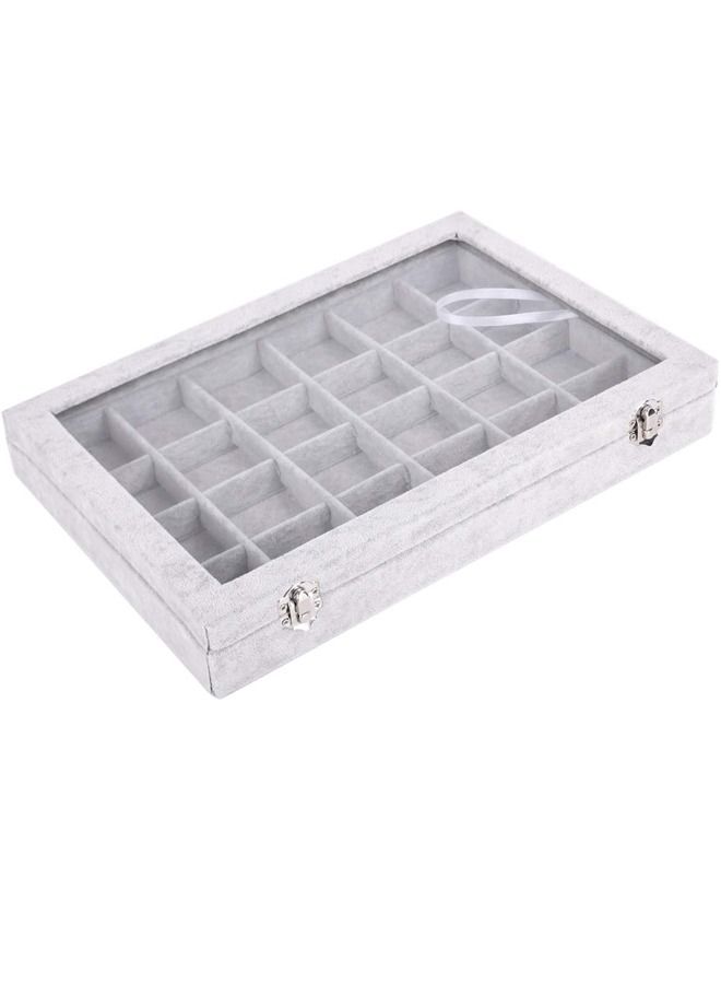 PADOM صينية مجوهرات بادوم، منظم مجوهرات متعدد الوظائف مع غطاء وقفل للخاتم والقرط والقرط والقلادة والسوار والساعة، صينية عرض مجوهرات مخملية ناعمة من 24 شبكة - Image 5