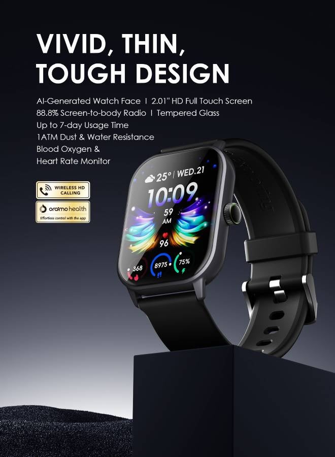 Oraimo Watch 5 Bluetooth Call Smart Watch 2.01inch HD Display Fitness Watch, 300 mAh, Scratch-resistant &Anti-Explosion Tempered Glass Screen with 100+ Sports Modes & Blood Oxygen & Heart Rate Monitor, Waterproof Light Chrome Black - Image 2