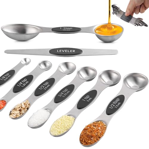 Magnetic Measuring Spoons Set of 8 TKNO Dual Sided Stainless Steel Stackable Teaspoon Tablespoon with Scale and Leveler Fits in Spice Jars for Measuring Dry and Liquid Ingredients