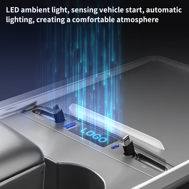 Tesla USB Hub: 2 Fast-Charge Cables 1 USB-A 1 USB-C Port - 0.8m Independent Extension Lines LED Ambient Light Center Console Docking Station for Tesla Model 3/Y Front Rear Seat Use - Image 3