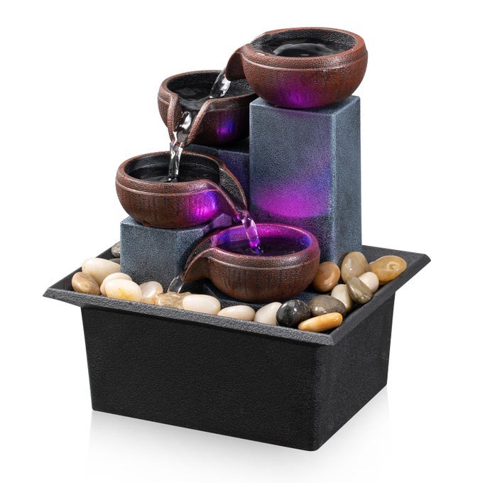 TABLETOP FOUNTAIN 4 LEVEL SMALL WATERFALL FOUNTAIN INDOOR RELAXING WATER FEATURE MEDITATION FOUNTAIN FOR HOME OFFICE BEDROOM DECORATION INCLUDING LED LIGHTING NATURAL ROCKS AS FESTIVAL GIFTS