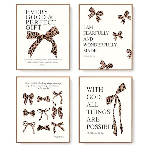 LARTSFRO Coquette Leopard Bow Wall Art Decor Posters, Y2K Cheetah Leopard Bow Room Bedroom Bathroom Dorm Wall Art Decor Aesthetic for College Teen Girls Gifts, Inspirational Bible Verses Bow Wall Decor, 10x8 Inch Set of 4 Pcs Cheetah Bow Pictures (UNFRAMED) - Image 1