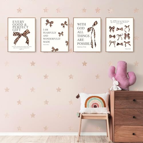 LARTSFRO Coquette Leopard Bow Wall Art Decor Posters, Y2K Cheetah Leopard Bow Room Bedroom Bathroom Dorm Wall Art Decor Aesthetic for College Teen Girls Gifts, Inspirational Bible Verses Bow Wall Decor, 10x8 Inch Set of 4 Pcs Cheetah Bow Pictures (UNFRAMED) - Image 3