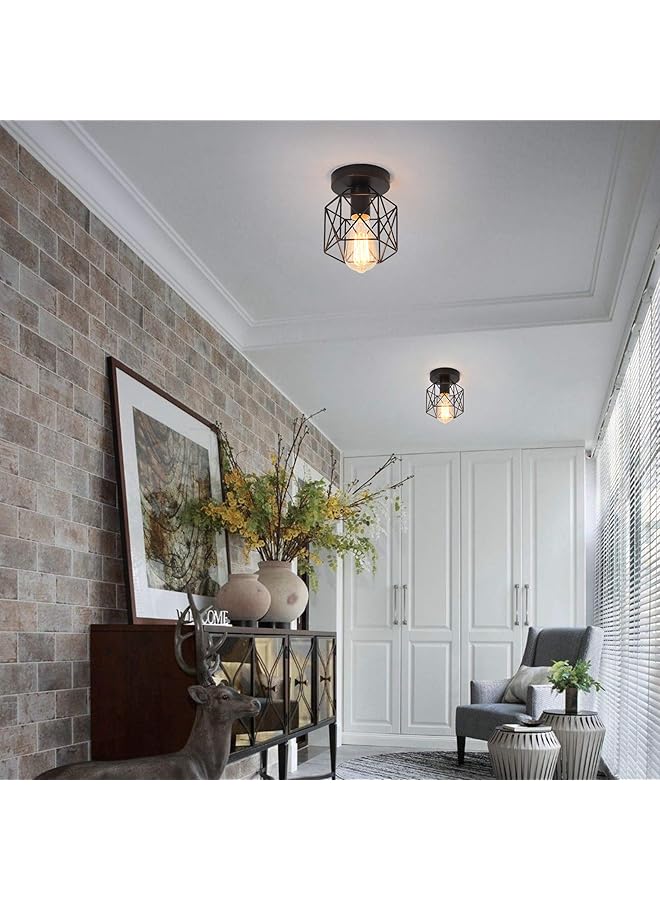 erorex Semi Flush Mount Ceiling Light Fixture Retro Metal Cage Black Industrial Vintage Ceiling Lamp For Hallway Stairway Dining Room Bedroom Balcony Kitchen Farmhouse Indoor Lighting 2 Pack - Image 2