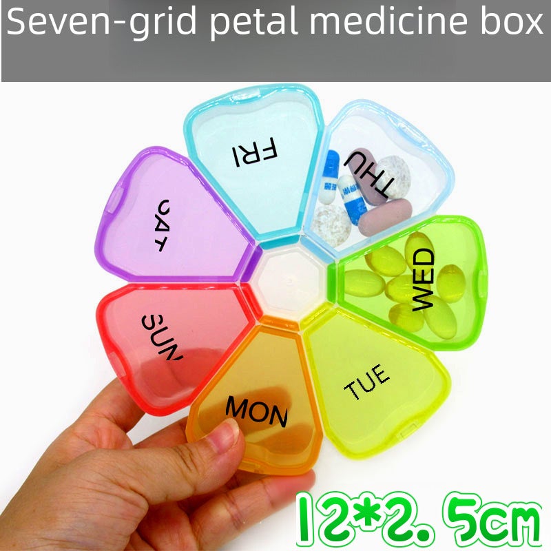 Seven-day Round Portable Mini Seven-compartment Medicine Box Transparent Colorful Large Petal Tablet Storage Sub-pack Medicine Box(Black, 12*12*2.5CM) - Image 2