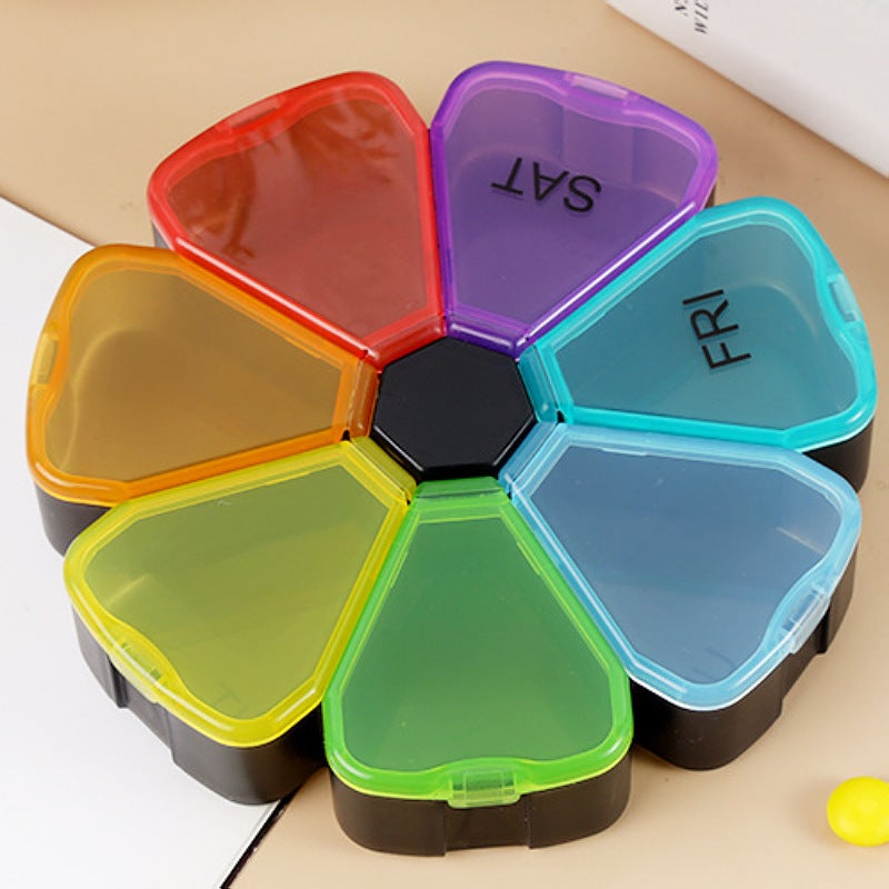 Seven-day Round Portable Mini Seven-compartment Medicine Box Transparent Colorful Large Petal Tablet Storage Sub-pack Medicine Box(Black, 12*12*2.5CM) - Image 4
