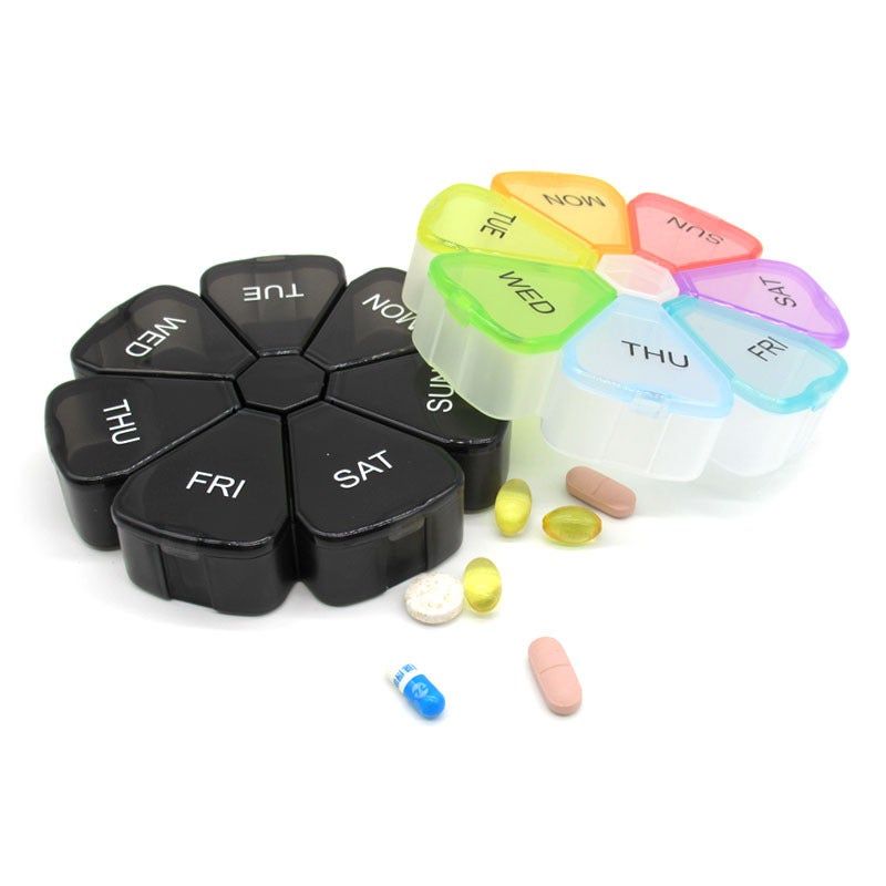 Seven-day Round Portable Mini Seven-compartment Medicine Box Transparent Colorful Large Petal Tablet Storage Sub-pack Medicine Box(Black, 12*12*2.5CM) - Image 3