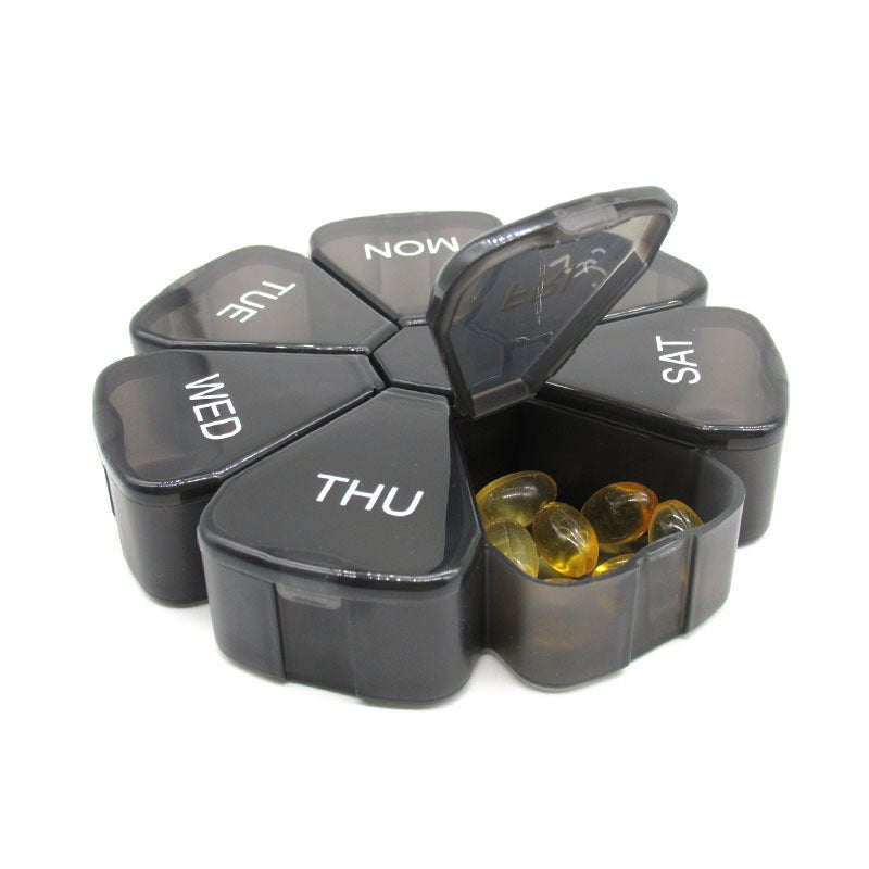 Seven-day Round Portable Mini Seven-compartment Medicine Box Transparent Colorful Large Petal Tablet Storage Sub-pack Medicine Box(Black, 12*12*2.5CM) - Image 1
