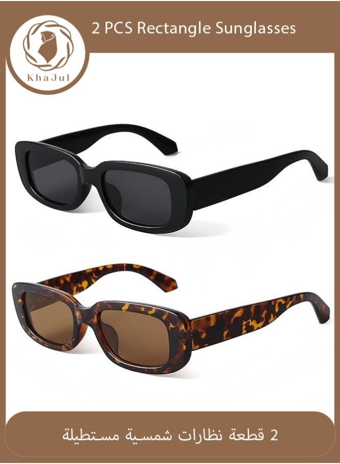 خاجول 2 قطعة نظارات شمسية مستطيلة للنساء، نظارات قيادة رجعية كلاسيكية، إطار مربع ضيق عصري - Image 1