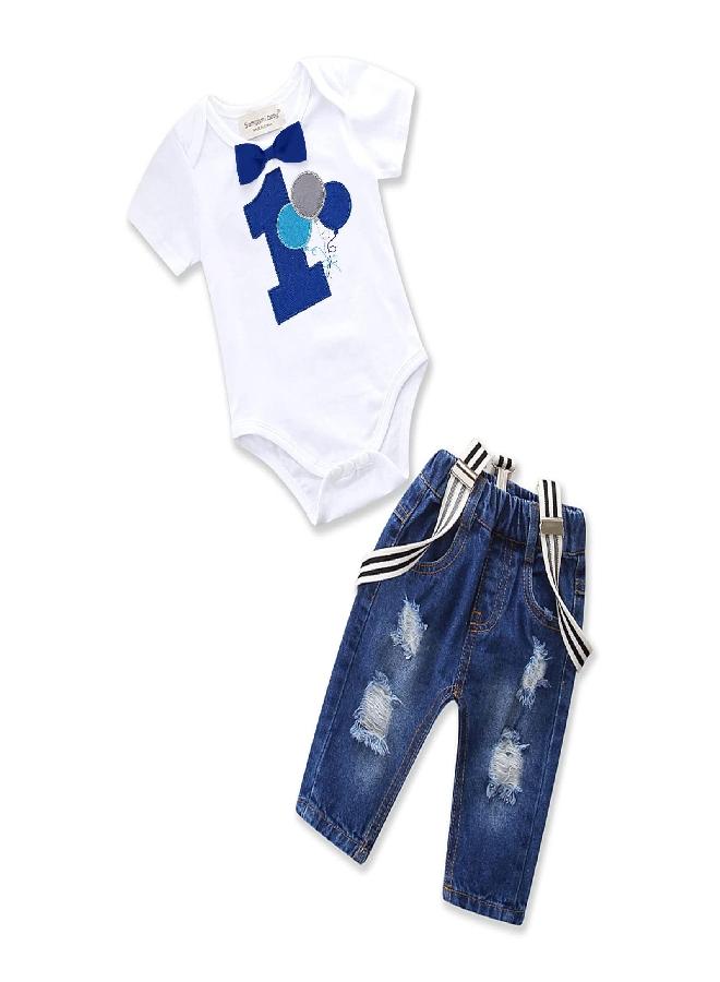 Pinleck Pinleck Toddler Baby Boy Birthday Clothes Set Bowtie Romper Suspenders Ripped Denim Pants Outfits (Birthday Balloon-1Short, 18-24 Months)  - Image 1