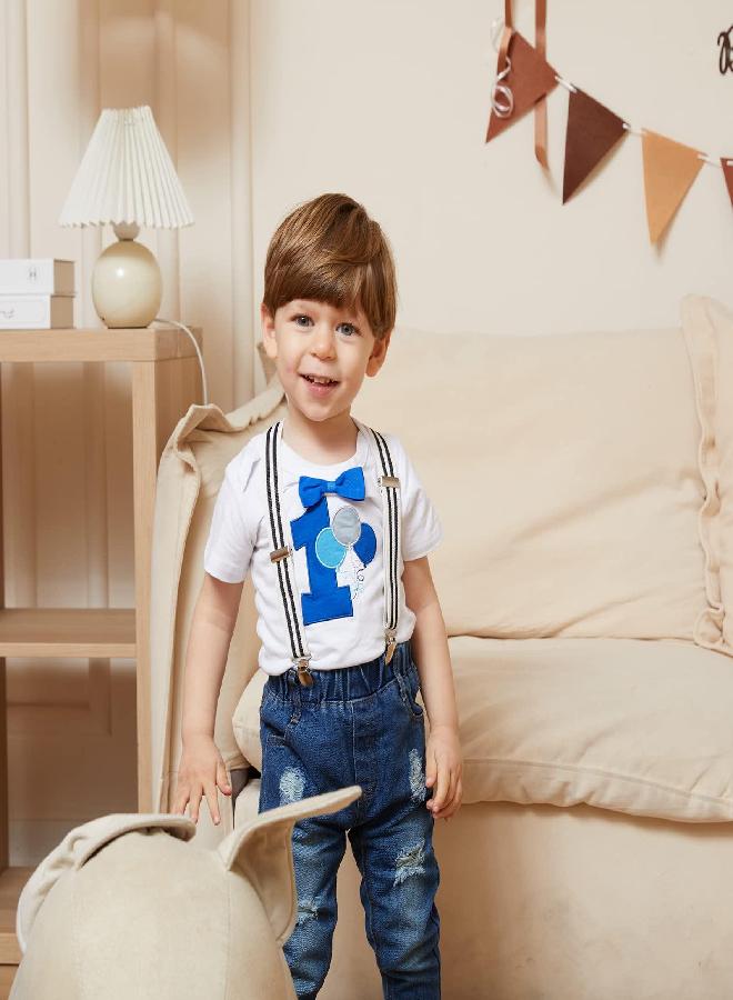 Pinleck Pinleck Toddler Baby Boy Birthday Clothes Set Bowtie Romper Suspenders Ripped Denim Pants Outfits (Birthday Balloon-1Short, 18-24 Months)  - Image 2