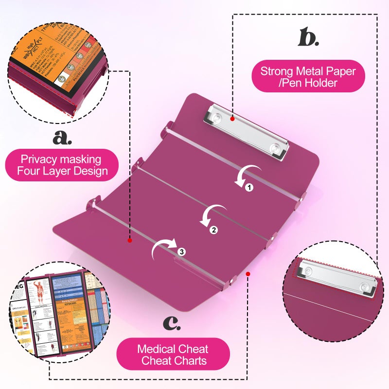 NECEG Nursing Clipboard Foldable-4 Layers Aluminum Nurse Foldable Clipboard Nursing Medical Edition Cheat Sheets, Pocket Size Pen Clip for Nurses Students School and Doctors- Wine - Image 4
