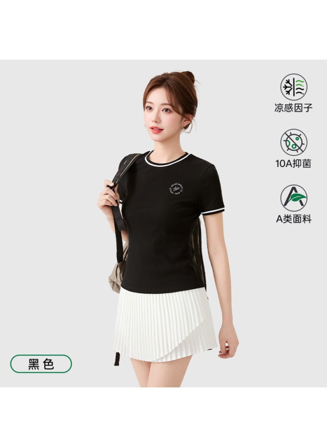 High-end Tencel Cotton Lyocell Slim-fit T-shirt For Women, 10a Grade Antibacterial, Class A Cooling Effect, Color-blocking Embroidered Short-sleeve Top For Women