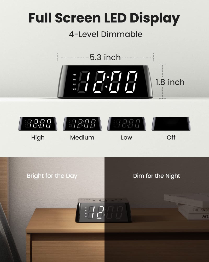 JACKYLED Alarm Clock with 4 USB Chargers Power Strip 3 Outlets 1700J Surge Protector Nightstand Dimmable Digital Clock with Dual Alarm and Snooze Function for Bedroom, Full Screen LED Display - Image 3