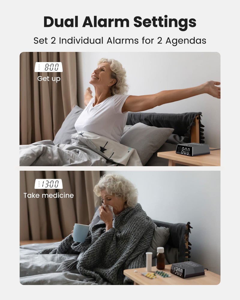 JACKYLED Alarm Clock with 4 USB Chargers Power Strip 3 Outlets 1700J Surge Protector Nightstand Dimmable Digital Clock with Dual Alarm and Snooze Function for Bedroom, Full Screen LED Display - Image 5