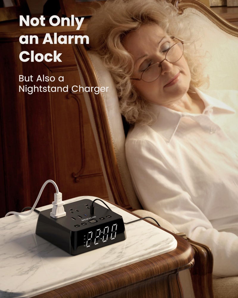 JACKYLED Alarm Clock with 4 USB Chargers Power Strip 3 Outlets 1700J Surge Protector Nightstand Dimmable Digital Clock with Dual Alarm and Snooze Function for Bedroom, Full Screen LED Display - Image 2