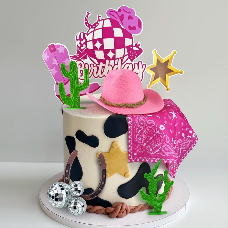 KEEPARTY Cowgirl Birthday Cake Topper Cowgirl Hat Scarf Western Rodeo Theme Decoration for Birthday Baby Shower Western Theme Party Favors Supplies (Pink) - Image 4