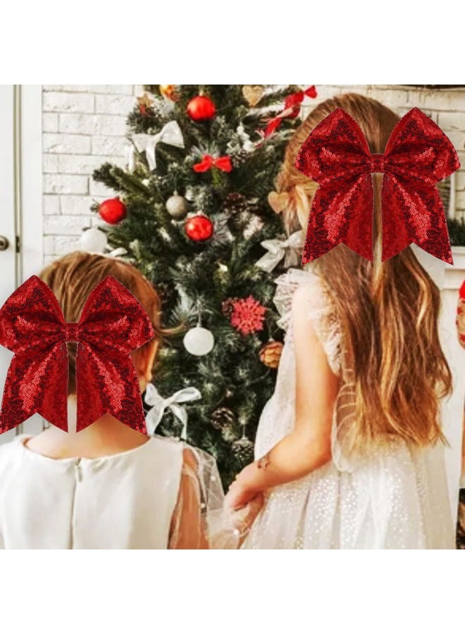 ZOLYCO Large Glitter Cheer Bows Clips, Jumbo Big 7 Inch Cheerleading Sequin Hair Bow Hair Accessories for Teens Girls Football Sports Cheerleader Outfit Uniform (Red) - Image 2