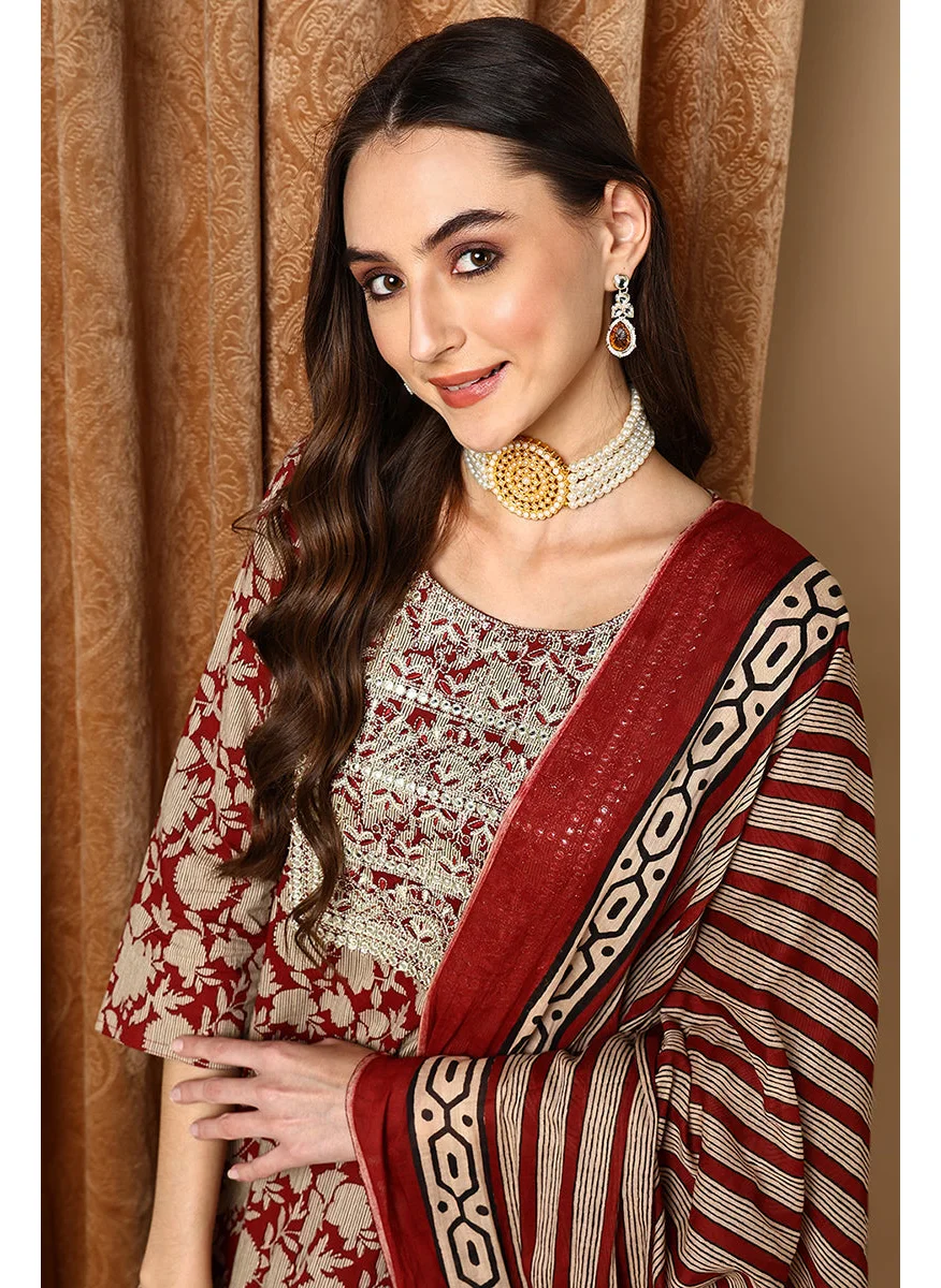 زيري سوق Maroon Rayon Blend Embroidered Floral Printed Straight Kurta Set